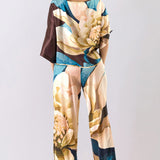 Floral Satin Blouse & Wide Pants Set