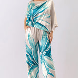 Floral Satin Blouse & Wide Pants Set