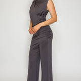 Asymmetric Ruched Top & Draped Overlay Wide-Leg Pants Set