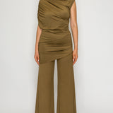 Asymmetric Ruched Top & Draped Overlay Wide-Leg Pants Set