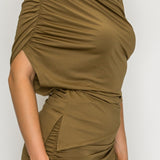 Asymmetric Ruched Top & Draped Overlay Wide-Leg Pants Set