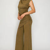 Asymmetric Ruched Top & Draped Overlay Wide-Leg Pants Set