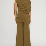 Asymmetric Ruched Top & Draped Overlay Wide-Leg Pants Set