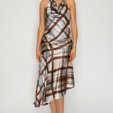 Printed Satin Halter Top with Gold Ring & Asymmetrical Midi Skirt