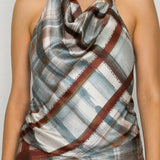 Printed Satin Halter Top with Gold Ring & Asymmetrical Midi Skirt