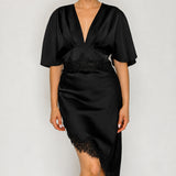 V-Neck Draped Lace Top & Asymmetrical Midi Skirt