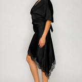 V-Neck Draped Lace Top & Asymmetrical Midi Skirt