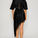 V-Neck Draped Lace Top & Asymmetrical Midi Skirt