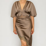 V-Neck Draped Lace Top & Asymmetrical Midi Skirt