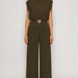 Pleated Sleeveless Top & Wide Leg Pants Two-Piece Set with Gold Floral Buckle