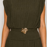 Pleated Sleeveless Top & Wide Leg Pants Two-Piece Set with Gold Floral Buckle