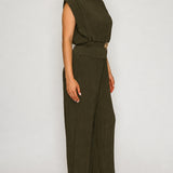 Pleated Sleeveless Top & Wide Leg Pants Two-Piece Set with Gold Floral Buckle