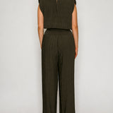 Pleated Sleeveless Top & Wide Leg Pants Two-Piece Set with Gold Floral Buckle