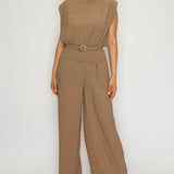 Pleated Sleeveless Top & Wide Leg Pants Two-Piece Set with Gold Floral Buckle