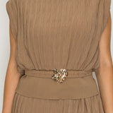 Pleated Sleeveless Top & Wide Leg Pants Two-Piece Set with Gold Floral Buckle