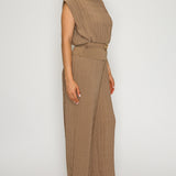 Pleated Sleeveless Top & Wide Leg Pants Two-Piece Set with Gold Floral Buckle