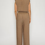 Pleated Sleeveless Top & Wide Leg Pants Two-Piece Set with Gold Floral Buckle