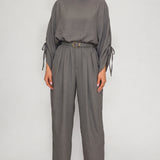Ruched Sleeve Blouse & Pleated Belted Pants Set