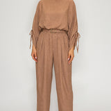 Ruched Sleeve Blouse & Pleated Belted Pants Set