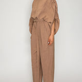 Ruched Sleeve Blouse & Pleated Belted Pants Set