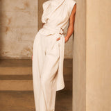 High Neck Shoulder Pad Belted Top &  Pleated Tapered Pants (PANTS ONLY)