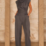 High Neck Shoulder Pad Belted Top &  Pleated Tapered Pants (PANTS ONLY)