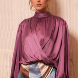 Satin High-Neck Draped Wrap Blouse
