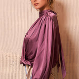Satin High-Neck Draped Wrap Blouse