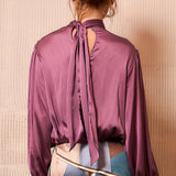 Satin High-Neck Draped Wrap Blouse