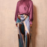Satin High-Neck Draped Wrap Blouse