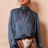 Satin High-Neck Draped Wrap Blouse