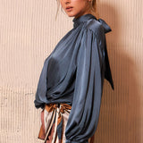 Satin High-Neck Draped Wrap Blouse