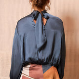 Satin High-Neck Draped Wrap Blouse