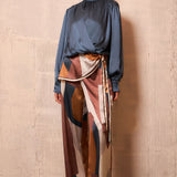 Satin High-Neck Draped Wrap Blouse