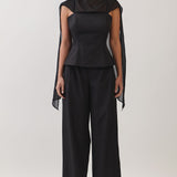 Two-Way Draped Scarf Peplum Top & Wide Leg Pants Set