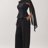 Two-Way Draped Scarf Peplum Top & Wide Leg Pants Set