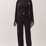 Sheer Drape Top & Wide Leg Pants with Buckle Detail Set