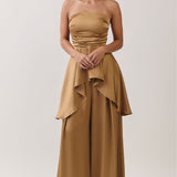 Strapless Ruched Peplum Satin Top & Wide Leg Pants