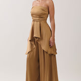 Strapless Ruched Peplum Satin Top & Wide Leg Pants