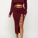 Lace Up Knit Crop Top & Skirt Set