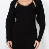 Sweater Chain Strap Midi Dress & Bolero Style Cardigan Set