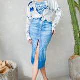 Denim Effect Crop Top & Slit Skirt Set