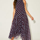 Polka Dot Mock Neck Asymmetrical Midi Dress