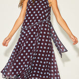 Polka Dot Mock Neck Asymmetrical Midi Dress