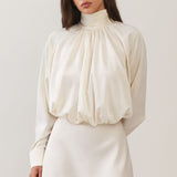High-Neck Satin Blouson Mini Dress