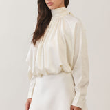 High-Neck Satin Blouson Mini Dress