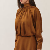 High-Neck Satin Blouson Mini Dress