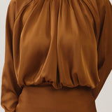 High-Neck Satin Blouson Mini Dress