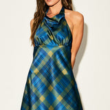 Plaid Halter Neck Open Back Mini Dress