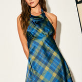 Plaid Halter Neck Open Back Mini Dress
